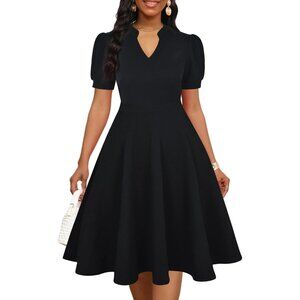 Women Black Short Puff Sleeve Flare Semi-Formal Summer Dress With Pockets